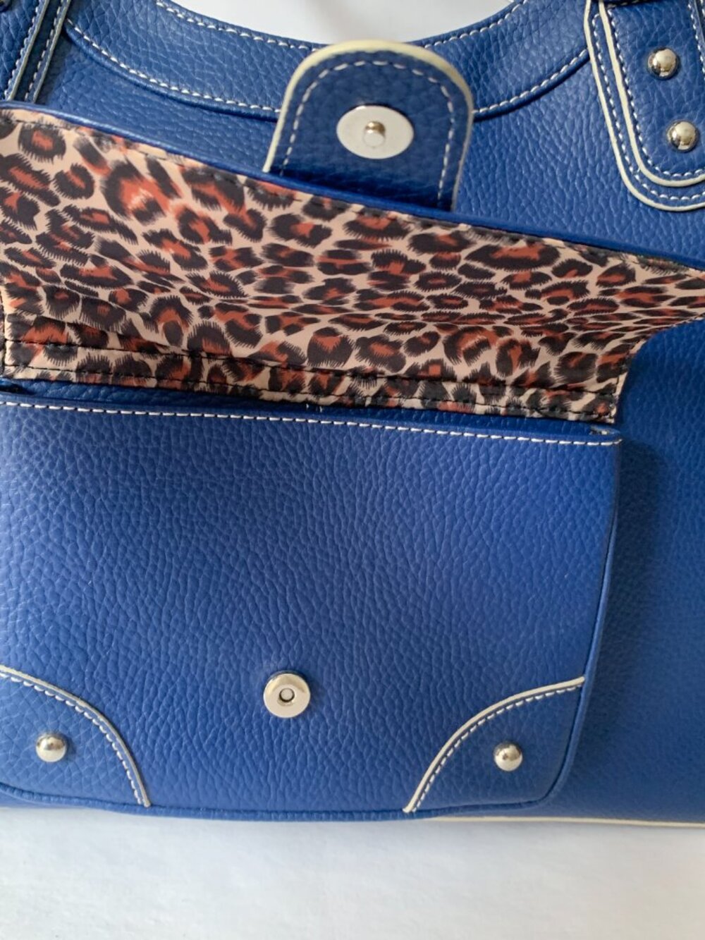 Wilsons Leather Satchel Handbag | Royal Blue | Leopard Print Lining - Picture 10 of 14